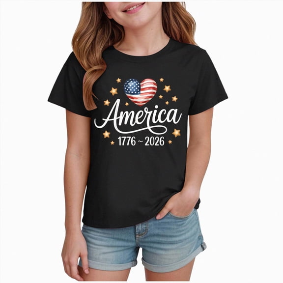 Xudanell 250 Anniversary USA Shirt for Girls 250 America Shirt Short Sleeve Patriotic Flag Print Cute Tops 1776-2026 Tshirt Kids (Black, 2-3 Years)