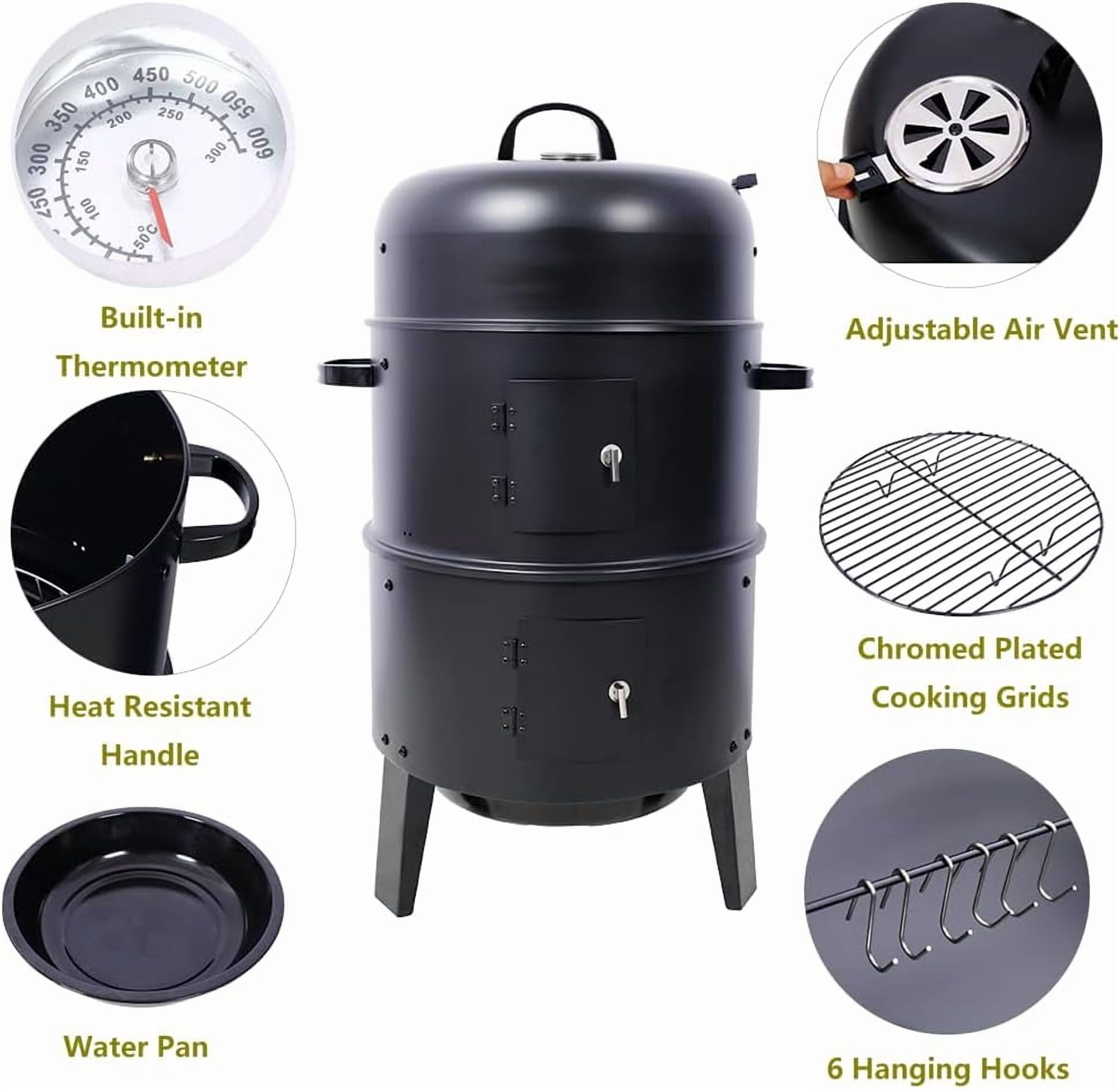 Acekid 16 inch Charcoal Smoker 3-in-1 Portable Heavy Duty Vertical BBQ Grill Meat Cooker Fire Pit with Built-in Thermometers Air Vent Black