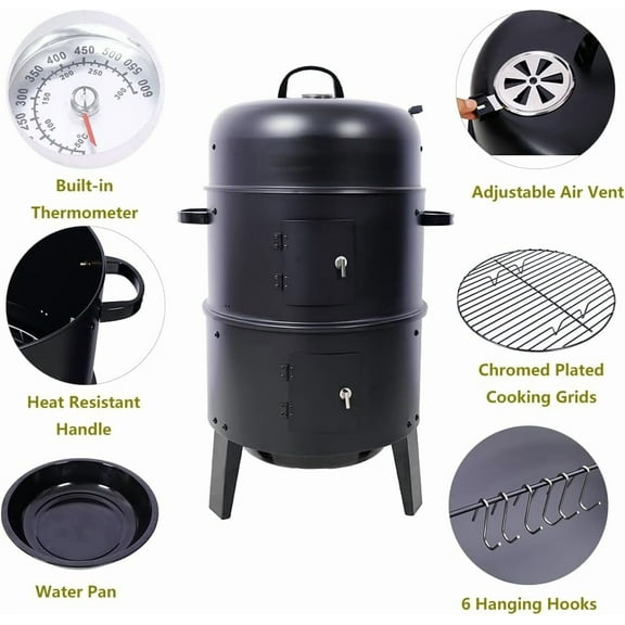 Garvee Charcoal Smoker 3-in-1 Portable Heavy Duty Vertical BBQ Grill Meat Cooker Fire Pit with Built-in Thermometers and Air Vent for Outdoor Backyard Camping Patio Parties Black 16 inch