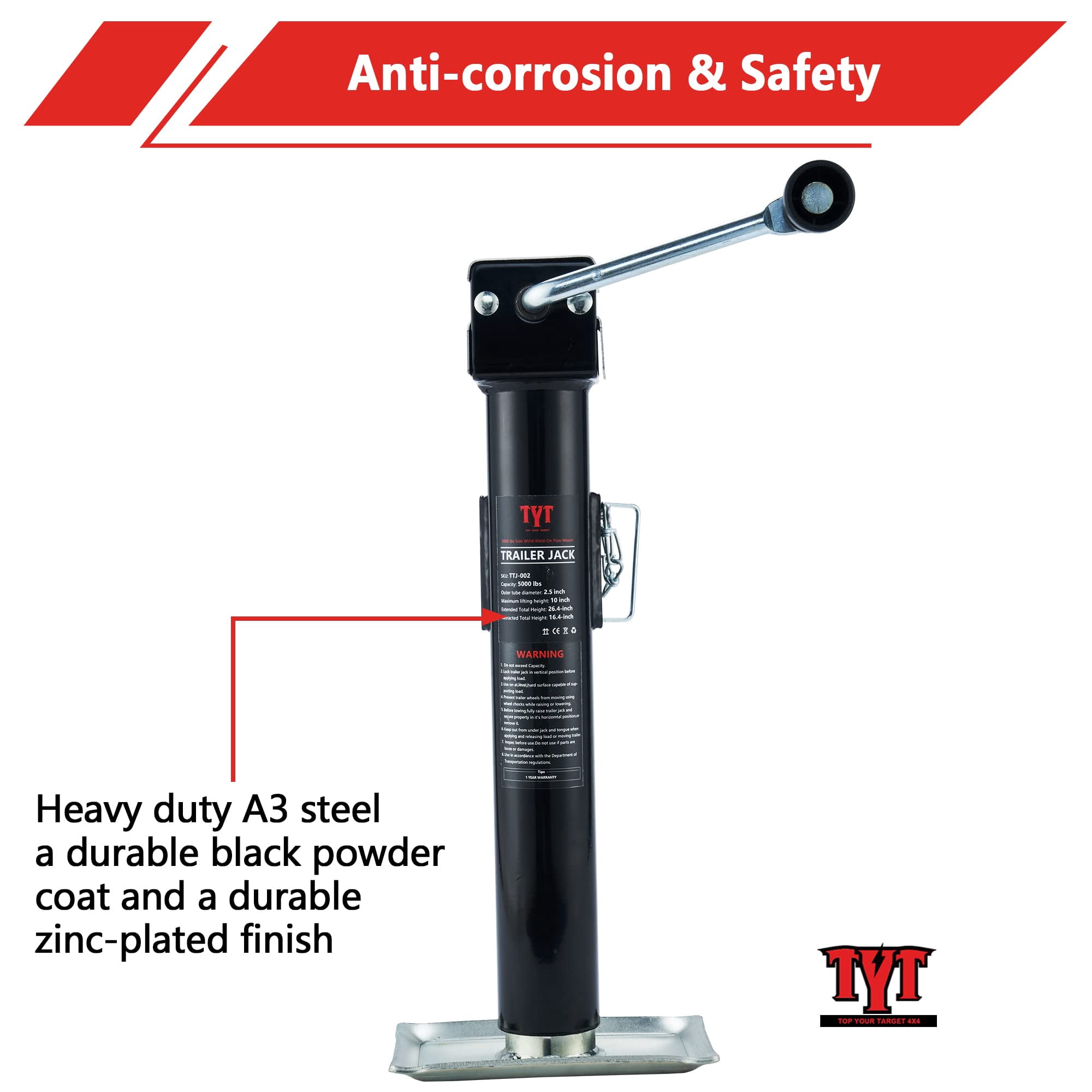 TYT 5000 lbs Weld On Pipe Mount Swivel Trailer Jack, 10" Vertical Travel Trailer Tongue Jack for Boat Trailer, Pop-up Camper, Small Travel Trailer