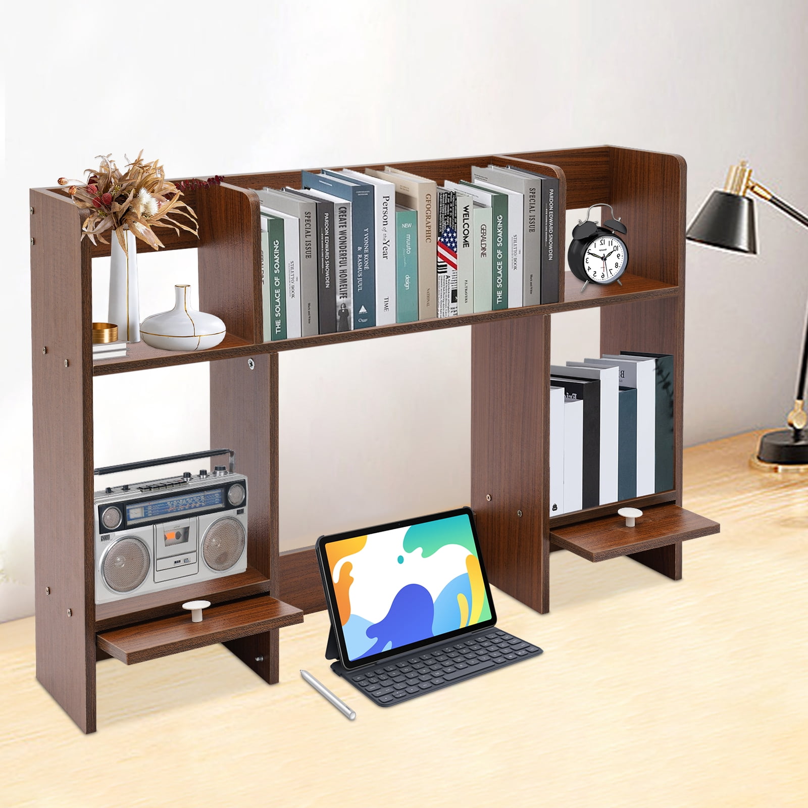 Modern Desktop Storage Organizer Home Office Desktop Bookshelf Holder Computer Rack Desk Organizer for Space Saving (Dark Walnut Color)
