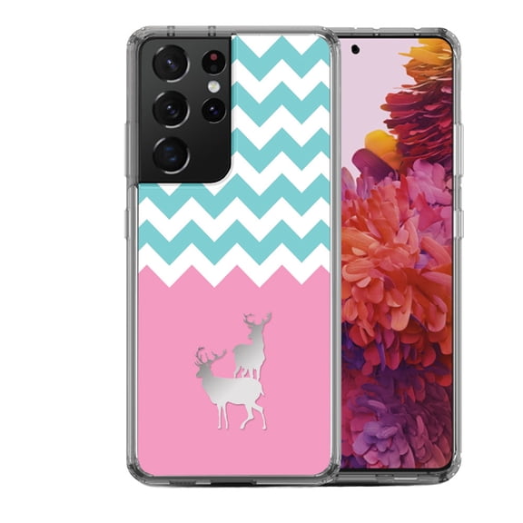 Shockproof Hybrid Bumper Phone Case for Samsung Galaxy S21 Ultra, by OneToughShield ® - Chevron/Teal/Deer