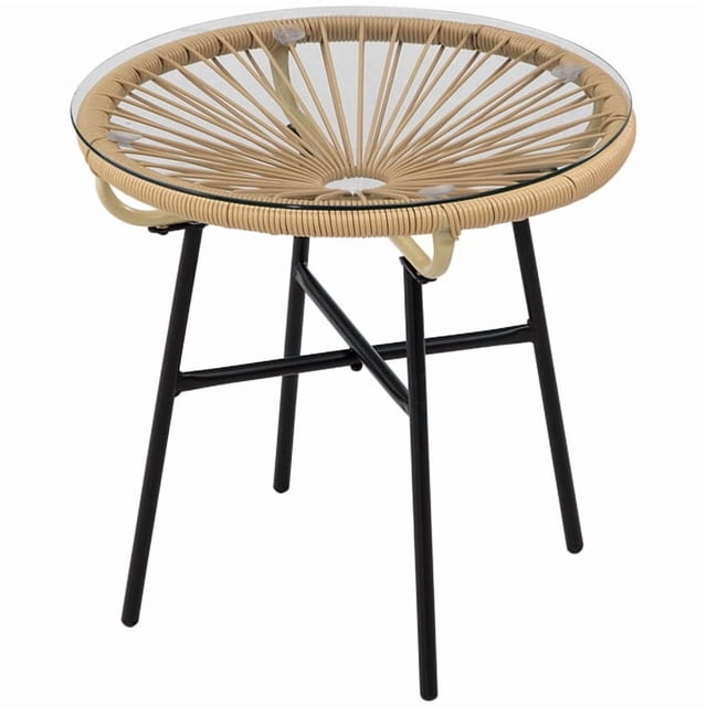 Outdoor PE Rattan Coffee Table with Tempered Glass Top, Patio Wicker Side Table for Garden