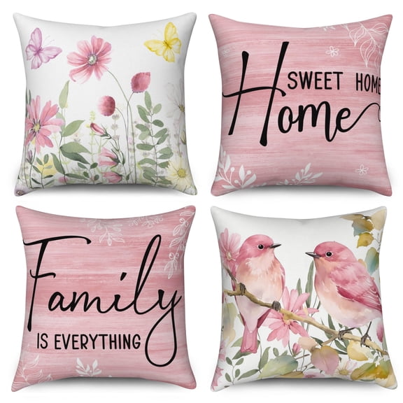 Spring Flowers Birds Throw Pillow Covers 20x20 Set of 4,Butterfly Pink Decorative Pillow Cases for Bedroom Sofa Couch