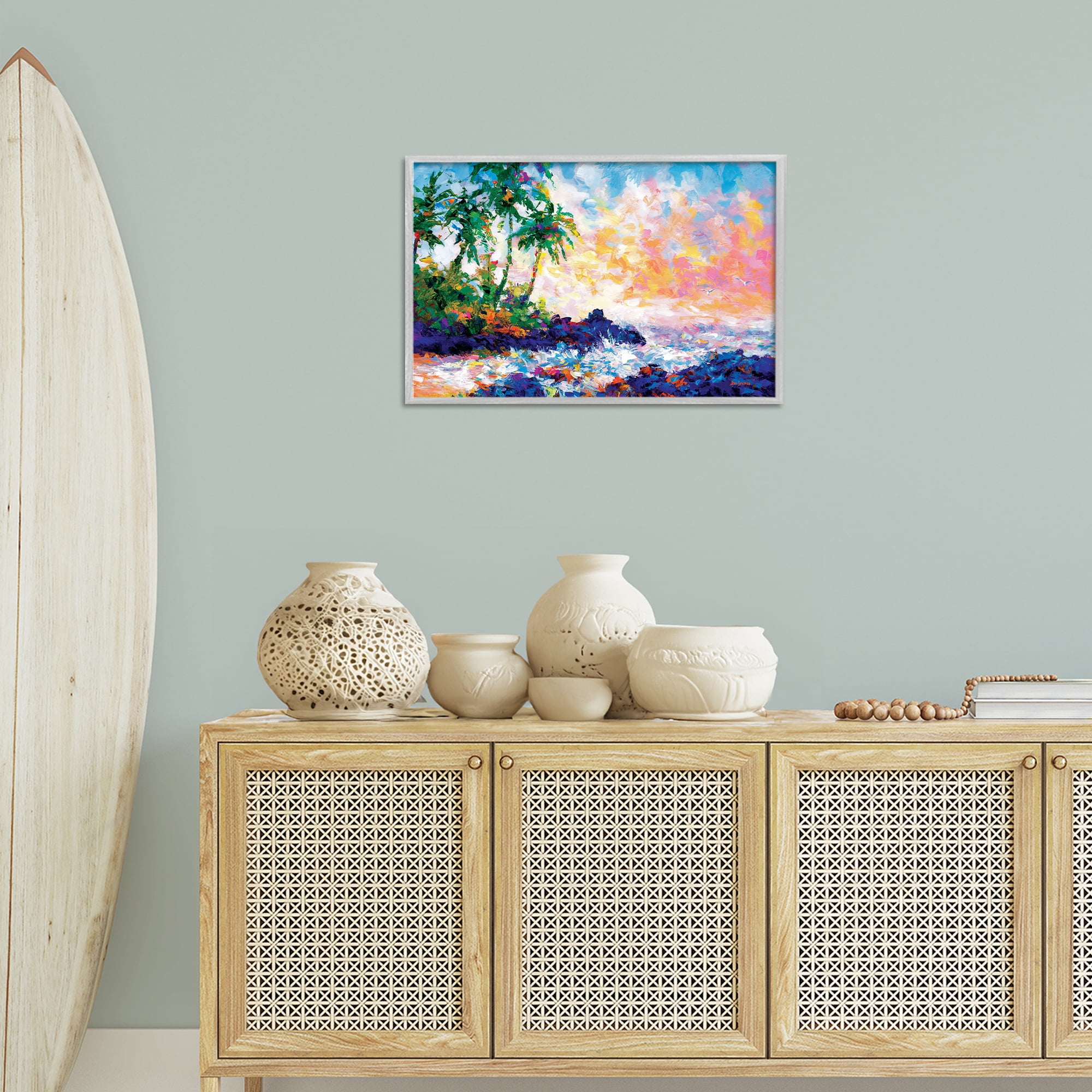 Stupell Industries Waves on Tropical Beach Landscape Painting Gray Framed Art Print Wall Art, 24 x 16