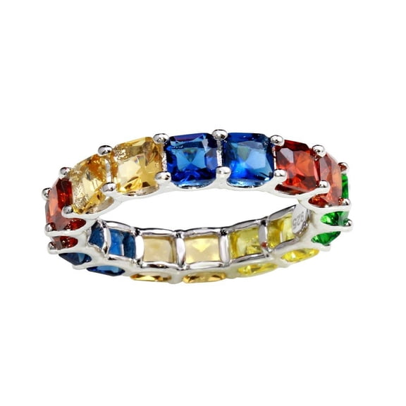 Rhodium Plated 925 Sterling Silver Multi-Colored Square Ring Band Multi-color CZ Female Size 7