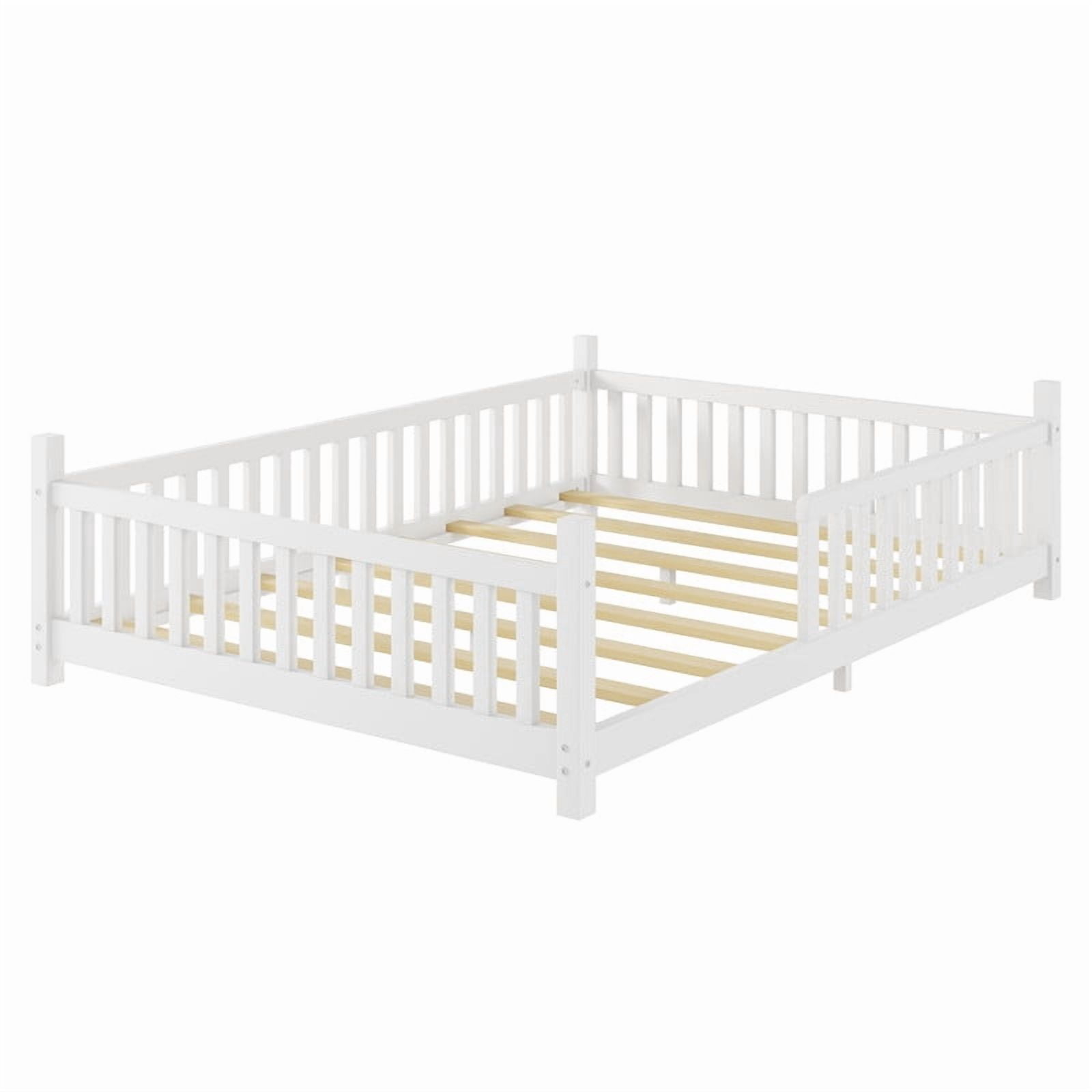 Mirightone Full Size Tent Beds with Hanging Rack, Teepee Floor Bed, Detachable Floor Bed with Slats and Fence Rails, Wood House Bedframe for Boys Girls, White