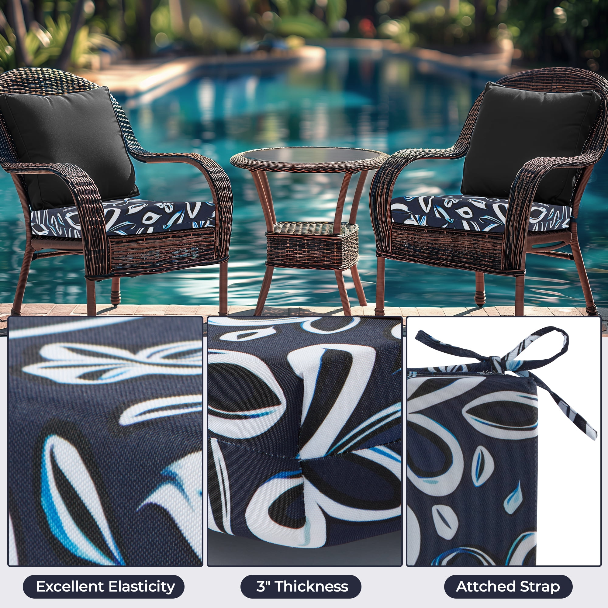 UNIKOME 4-Pack Outdoor Patio Seat Cushions, Water-Resistant High-Density Foam, 18.5 x 16 x 3 inch, Blue Floral