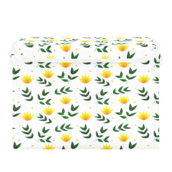 Yellow flowers green leaves pattern Storage Bins, Foldable Cloth Basket, Cube Organizer with 2 Handles, Suitable for bedrooms, living rooms, wardrobes, and workspaces, With cover