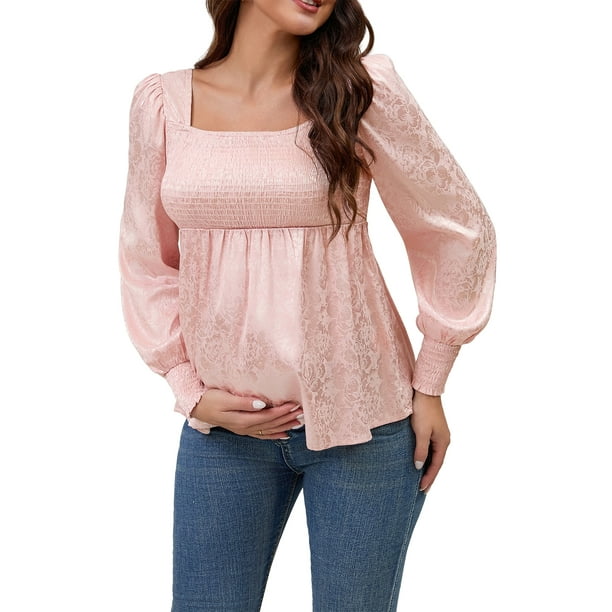 INSPIRAR CHIC Mujeres Blusas de Maternidad con Cuello Cuadrado de Manga Larga Básicas para el Embarazo S Rosa