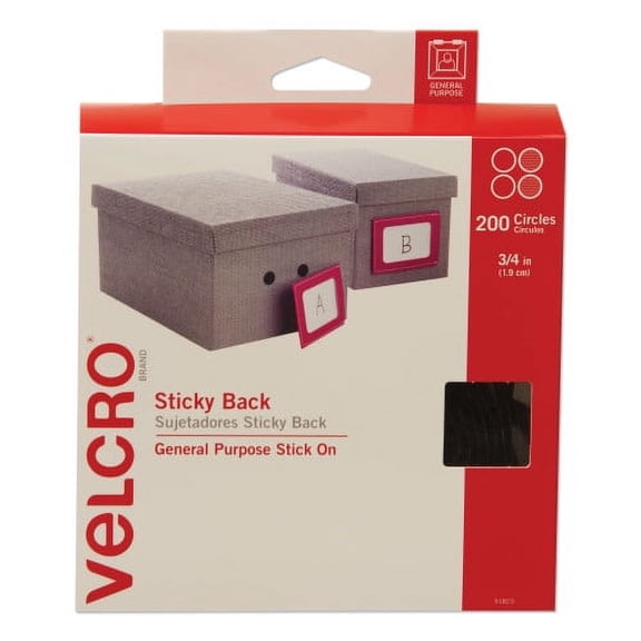 Velcro Sticky-Back Fasteners, Removable Adhesive, 0.75" dia, Black, 200/Box, Each