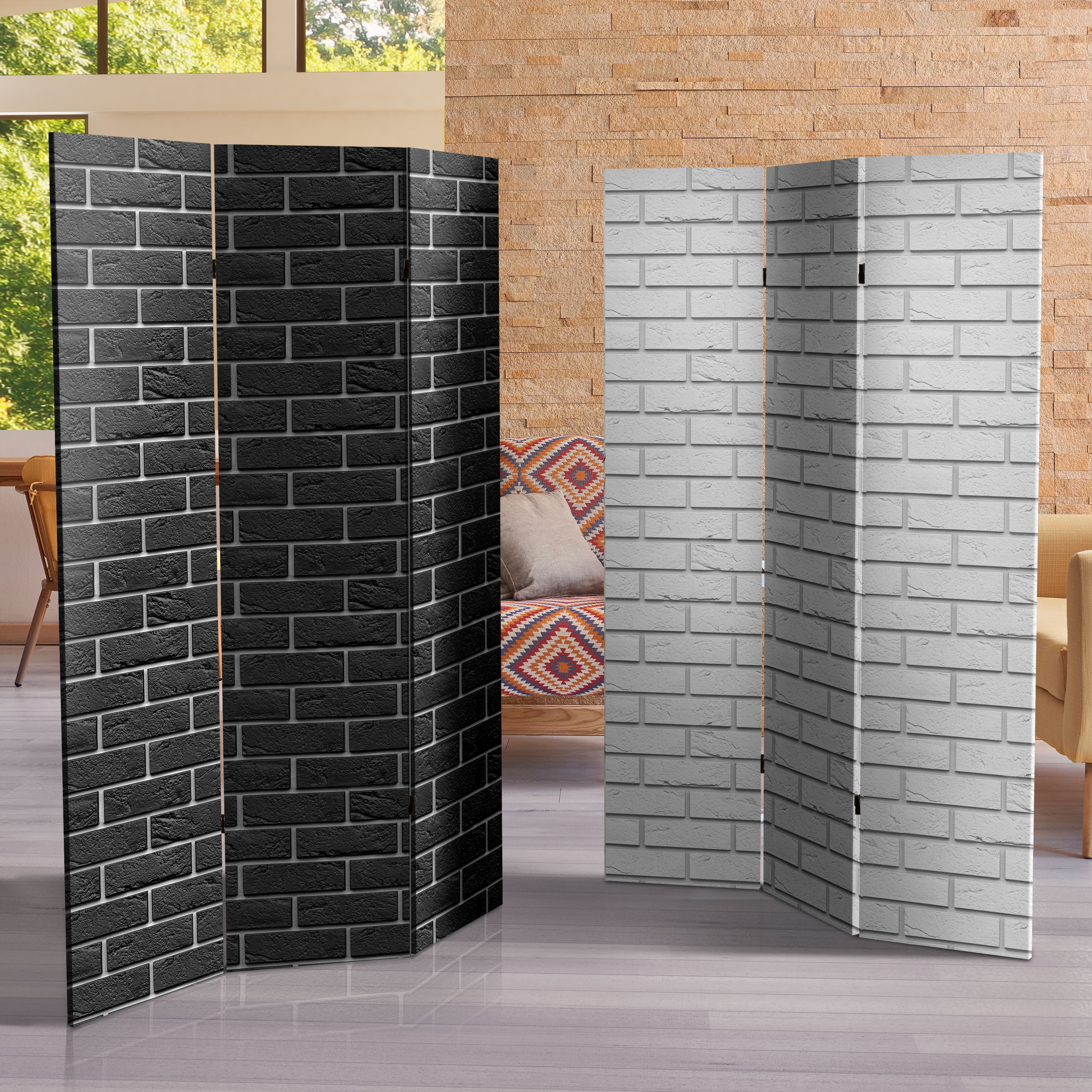 Oriental Furniture 6 ft. Tall Double Sided Black & White Brick Canvas Room Divider