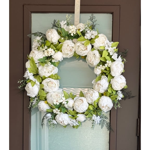 Zoey White Green Faux Peony Flower Wreath 23" All Season Indoor Outdoor Decor
