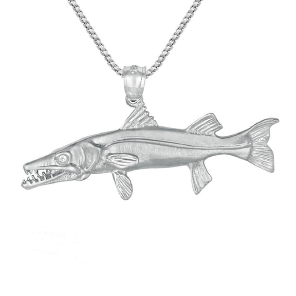 925 Sterling Silver Necklace w/ Barracuda Fish 3D (3 Dimensional) Solid Pendant