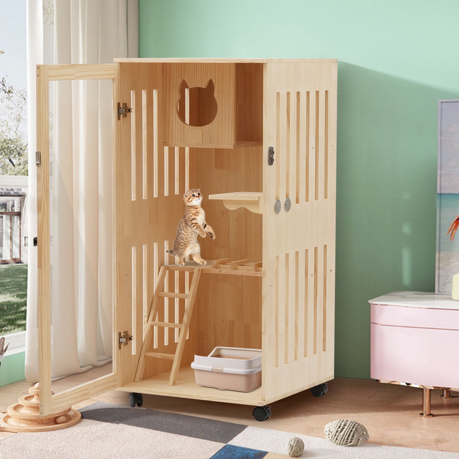 Large Wooden Cat House Indoor Furniture 47 inch Tall Cat Condo with Clear Door and LED Light Spacious Pine Wood Cat Cage