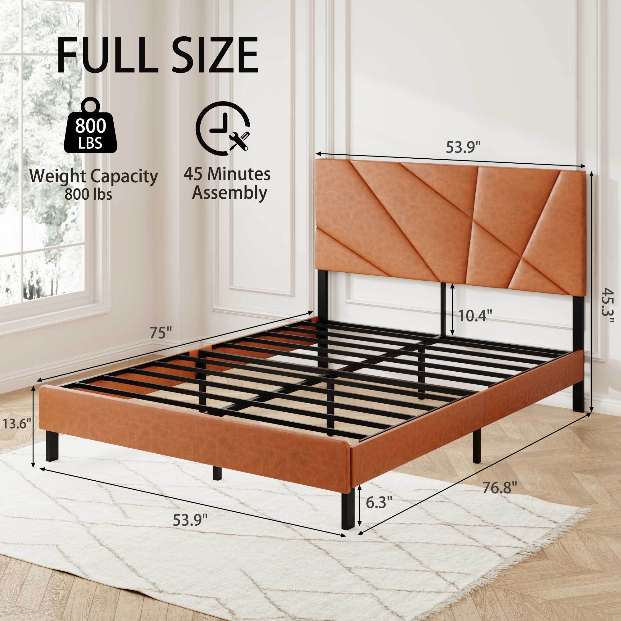 Full Size Bed Frame with Upholstered Headboard, Metal Support, No Box Spring Needed, Antique Brown