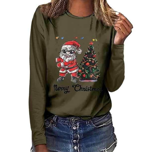 Pntutb Mujer Árbol de Navidad top Casual Manga Larga O-cuello Sudadera Pullover Blusa Pntutb Pntutb-6751