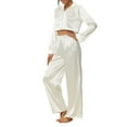thumbnail image 4 of INSPIRE CHIC Women's Satin Pajama Fashion Crop Button Down Shirt Long Pants 2 Piece Outfits Set Nightwear XS White, 4 of 5