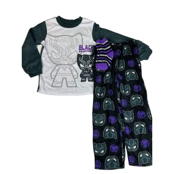 AMERICAN MARKETING ENTERPRISES AME Black Panther Boys Fleece 3 Piece Pajama Set with Socks (as1, alpha, x_s, regular)