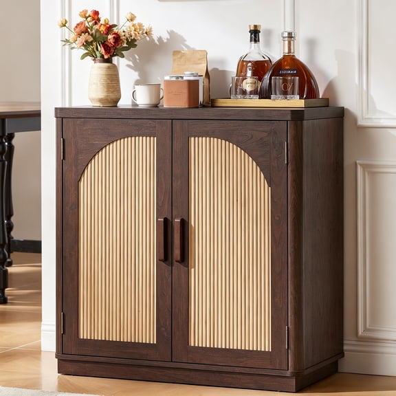 Buildhom 31.5" Fluted Buffet Cabinet with Arch Doors & Adjustable Shelves, Mid Century Modern Sideboard for Kitchen, Living Room, Walnut