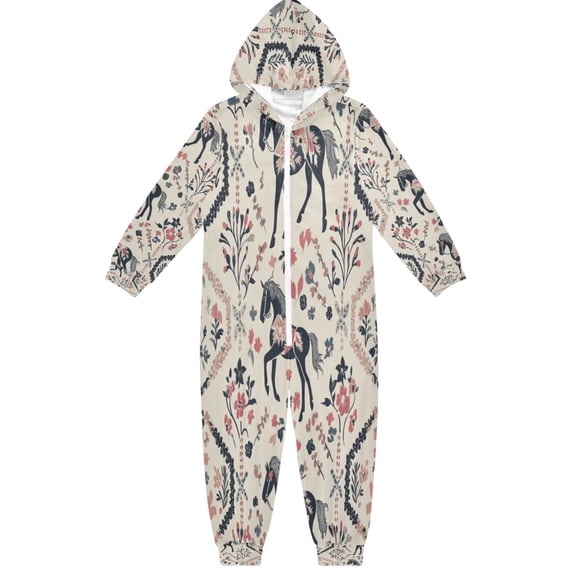 BZSMCE Unisex One-piece Pajama Cotton Sleepwear Floral Horse Tapestry Printed