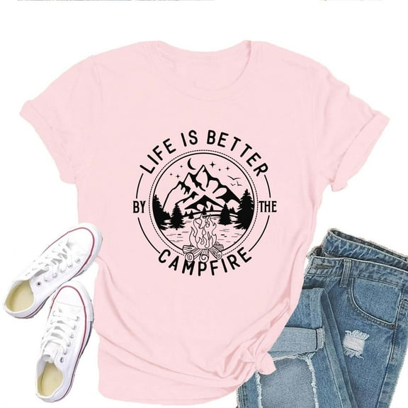 Women's Campfire T-Shirt – Life is Better at The Campfire Graphic Tee, Funny Camping Shirt for Outdoor Life, Family Trips, Campers