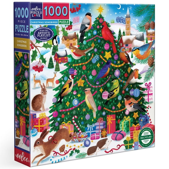 eeBoo Piece & Love: Christmas Songbirds - 1000 Piece Puzzle - 23" Square Adult Jigsaw, Bex Parkin's Festive Holiday Tree w/ Vivid Birds, Eco-Friendly