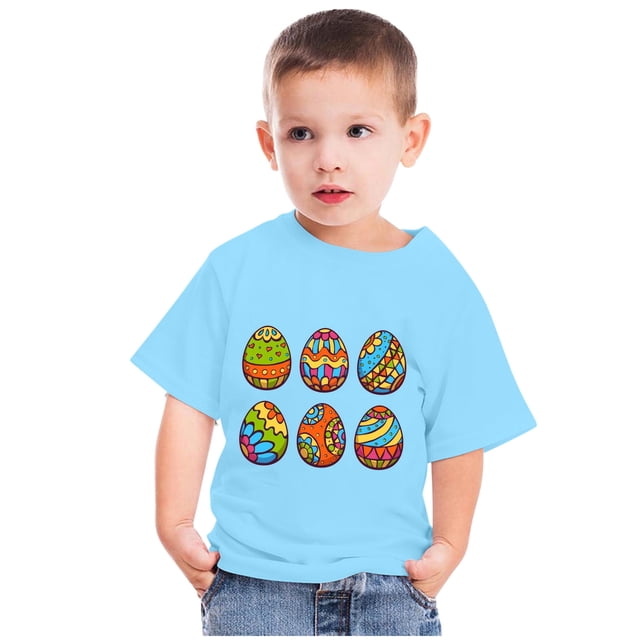 Zwiiyzr 2025 Joyeuses Pâques T-Shirt Coloré Chasse aux Œufs pour Enfants Col Rond Manches Courtes pour Garçons Filles Bleu Ciel-5 Ans
