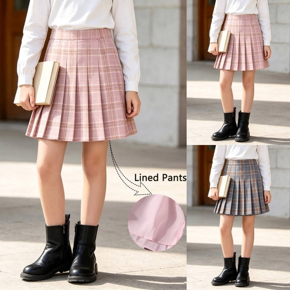 Girls Plaid Pleated Skirt with Inner Shorts High Elastic Waist Relaxed Fitting Skorts for School Daily Casual Occasion 4-5Y