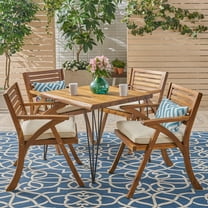 GDF Studio Tongass Outdoor Acacia Wood 5 Piece Dining Set with Cushion, Teak, Cream, and Black