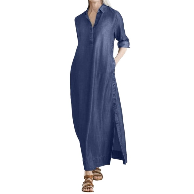Vestido camisero largo holgado con botones y bolsillos para mujer - Mezcla de lino, estilo informal, adecuado para la playa/el trabajo, S-XXXXXL