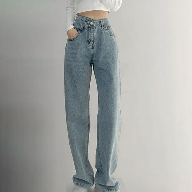 TINKER Women\'s Pull-on Boyfriend Jeans, Baggy Cross Over Asymmetric Retro  Jean, High-waist Design, Washed Straight Denim Pant Vintage 90s Streetwear