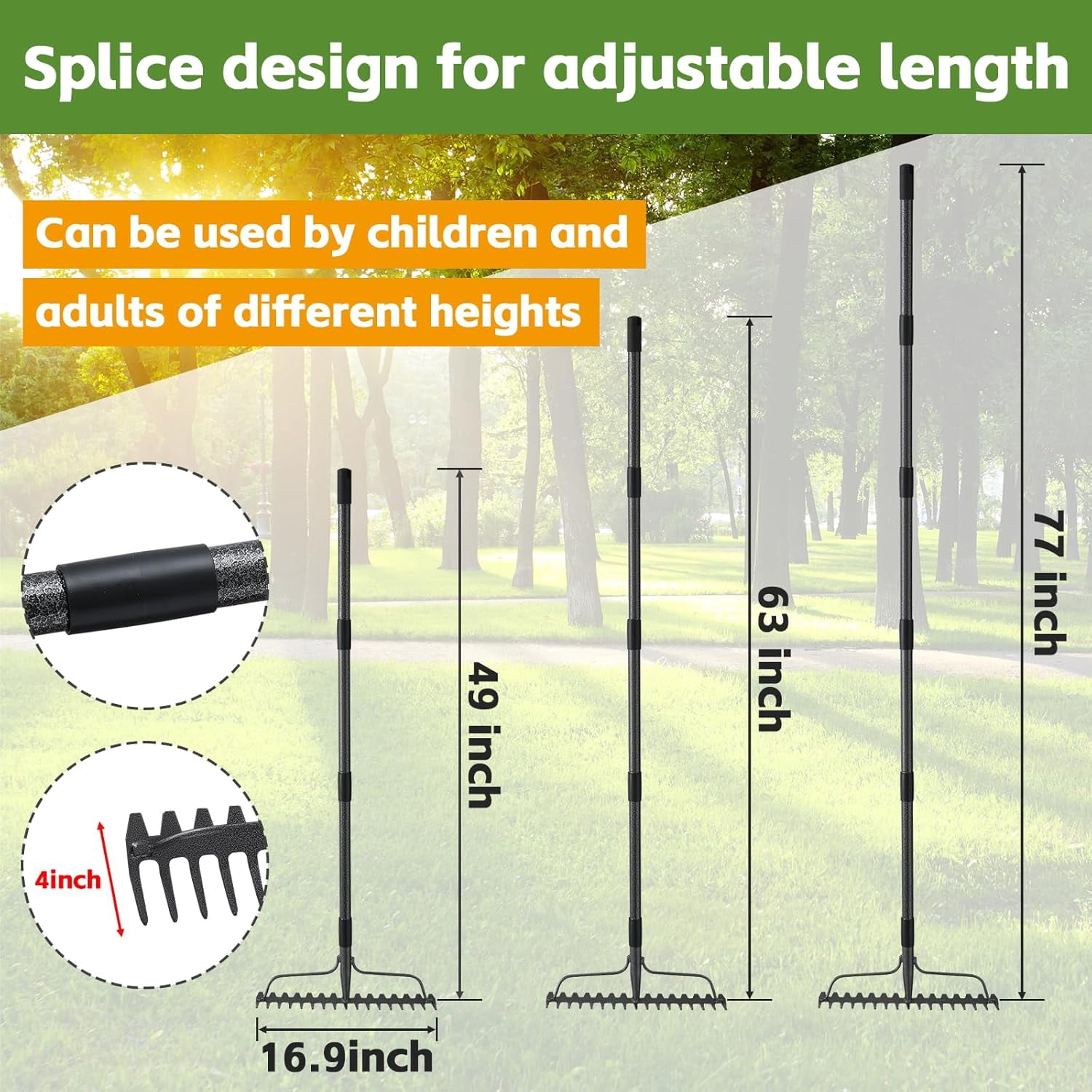 LCOKEIY 77" Adjustable Garden Rake for Leaves with 17 Tines, Heavy Duty Metal Thatch Rake for Lawn Yard Loosening soil