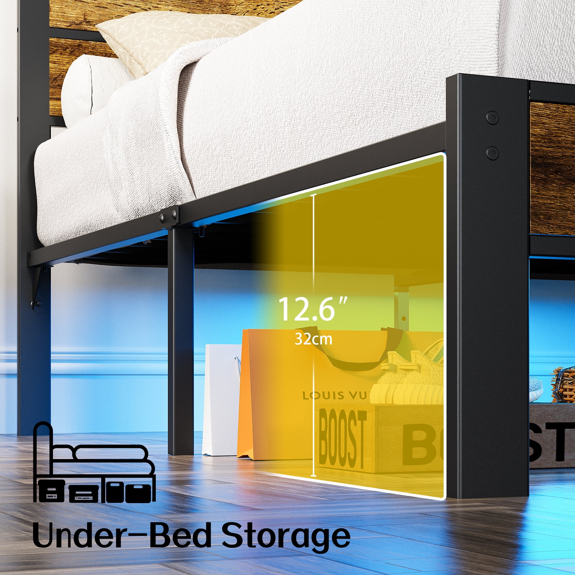 Kbun Queen Size Bed Frame with Headboard, LED Lights & Charging Station, No Box Spring Needed, Noise-Free, Easy Assembly