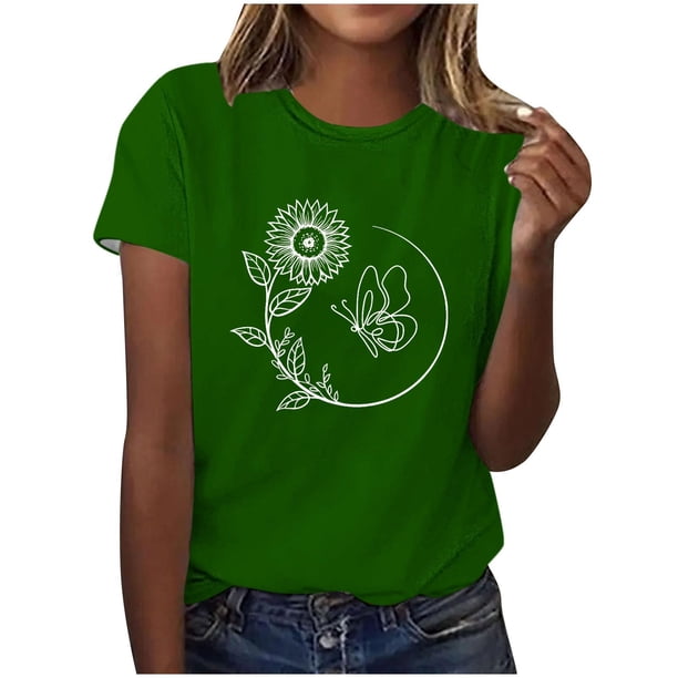 Tops de Ajuste Suelto para las Mujeres Sudadera Casual Impresa Manga Corta Cuello Redondo Superior, Poliéster