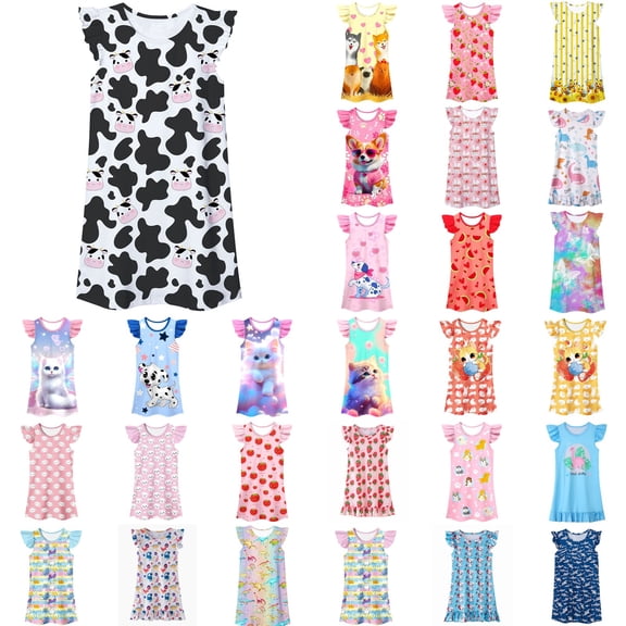 LRen Easter Dress Toddler Easter Bunny Print Ruffled Sleeve A-Line Dress Spring Dresses for Girls Casual Easter Gifts for Kids Easter Gifts