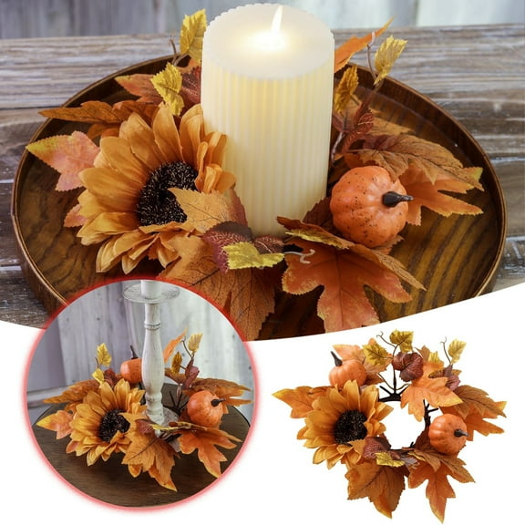 Small Fall Wreath for Candles 9.84 Inch, Artificial Autumn Table Decor with Maple Leaves Sunflower Pumpkin Thanksgiving Halloween Farmhouse Harvest Festival Centerpiece,