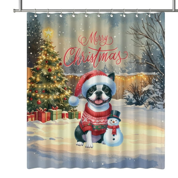 Merry Christmas Woofmas Xmas Noel Boston Terrier Santa Snowman Shower Curtain Gentleman Dog Lover Gifts Waterproof Bathroom Bathtub Curtain - 13016