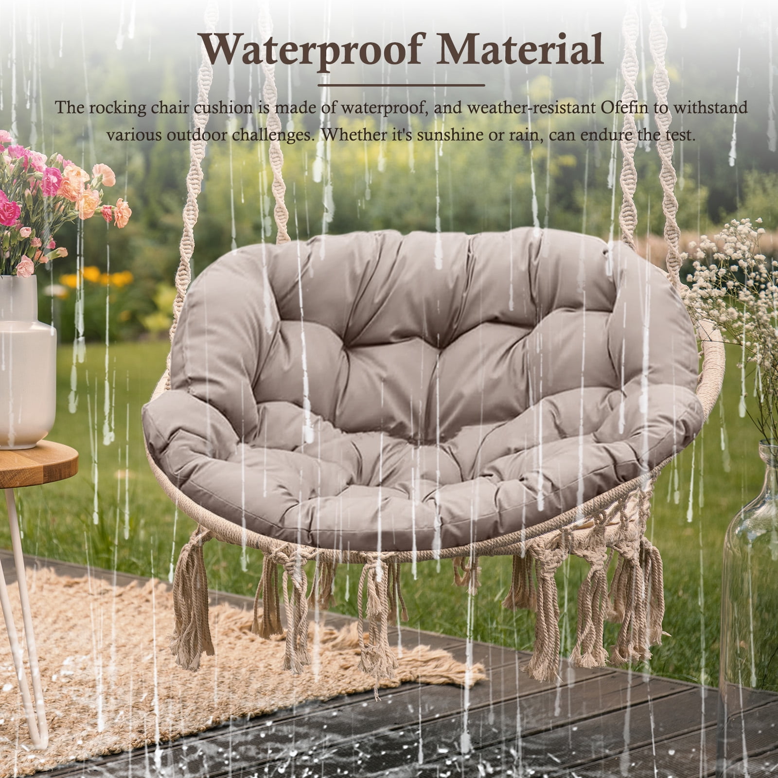 Egg Chair Cushion Replacement Waterproof – Outdoor Rocking Chair Cushions 6.3" Thick UV Resistant with 6 Straps for Patio, Balcony, Garden, Khaki