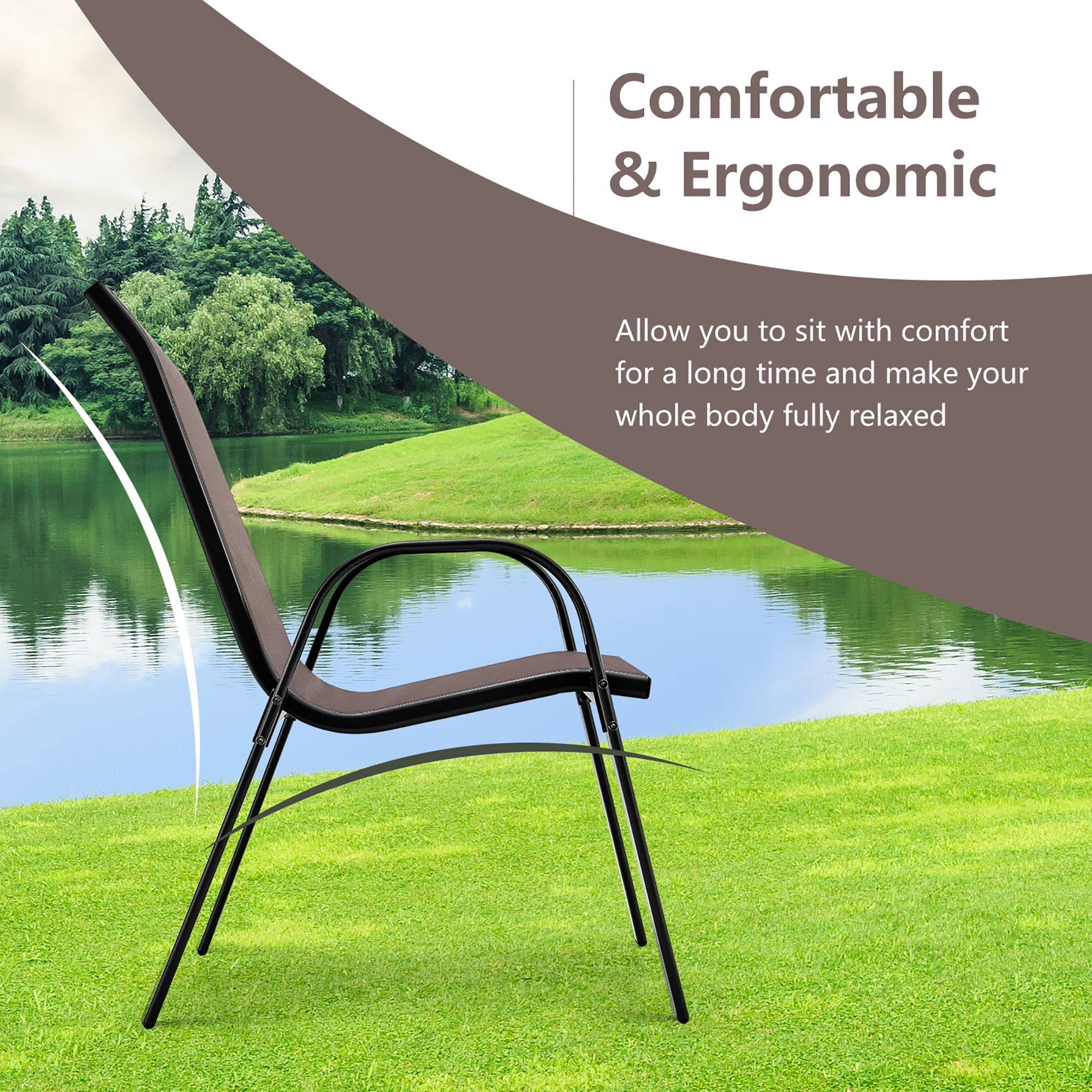 Gymax 4PCS Patio Stacking Dining Chairs w/ Curved Armrests & Breathable Seat Fabric Brown