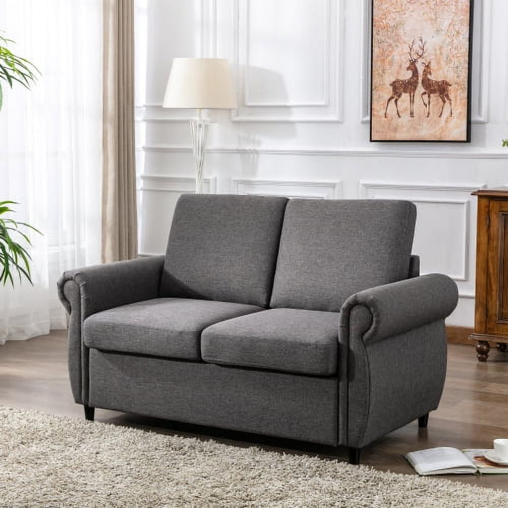 Leumius Linen Sofa Couch with Pull Out Sofa Bed, Twin Size Memory Mattress Sofa Bed, Gray