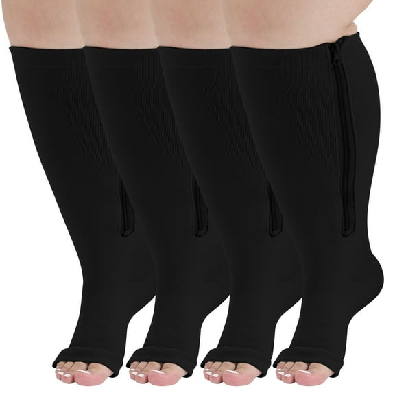 Open Toe Compression Socks, PUTUO Compression Socks for Women and Men, Plus Size Circulation Wide Calf Compression Socks for Women, 20-30 mmhg Pressure Support Zipper Stockings, 2 Pairs