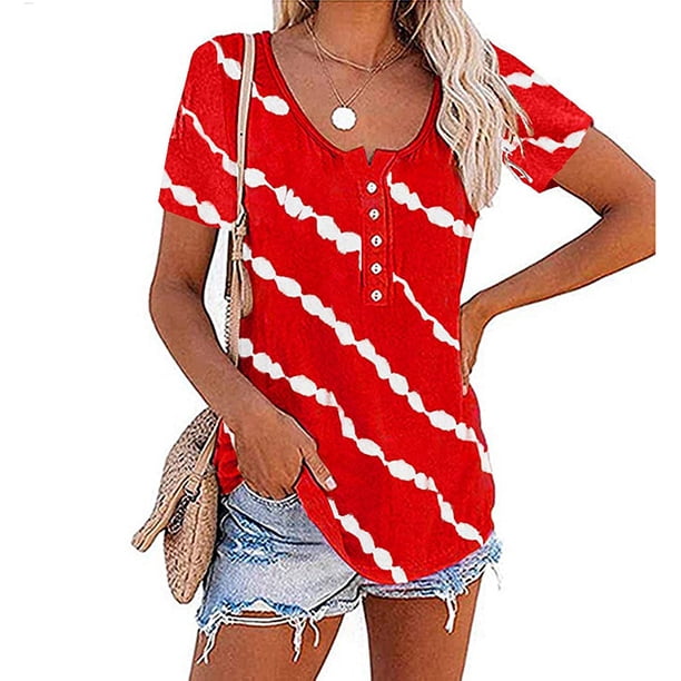 ICHUANYI Clearance Fashion Women Twill Button Neckline Short Sleeve Round Neck Casual T-shirt(Red, L) ICHUANYI WER2023081111229