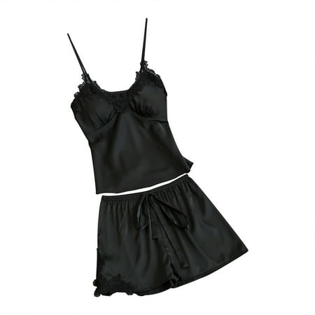 

Frehsky pajamas for women Womens Satin Sling Sleepwear Lingerie Lace Bowknot Nightdress Underwear Set Black
