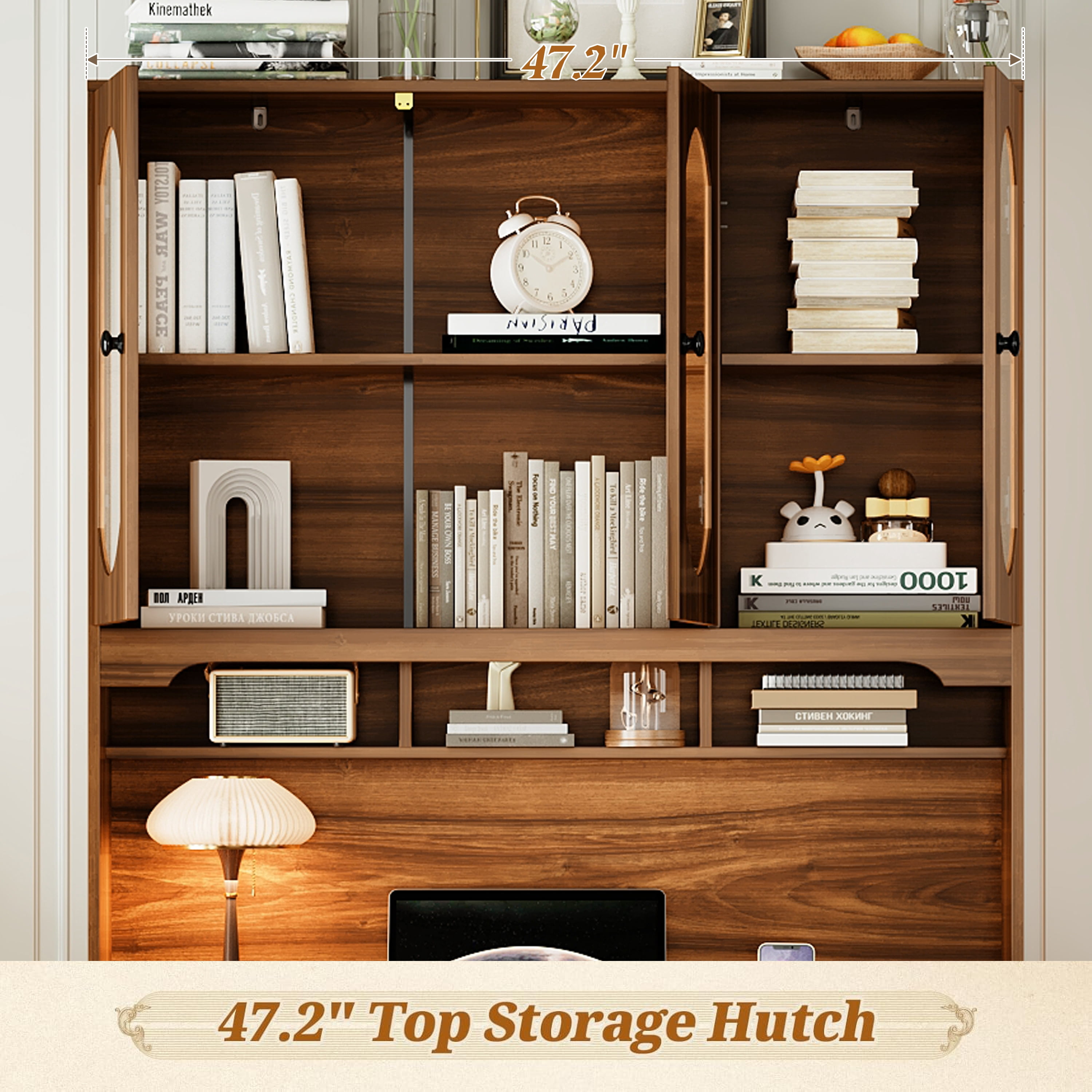 Yoneston 47" Retro Bookcase Desk with Charging Ports and Hutch Cabinet & 5 Drawers, Computer Desk for Home Office Bedroom, Walnut