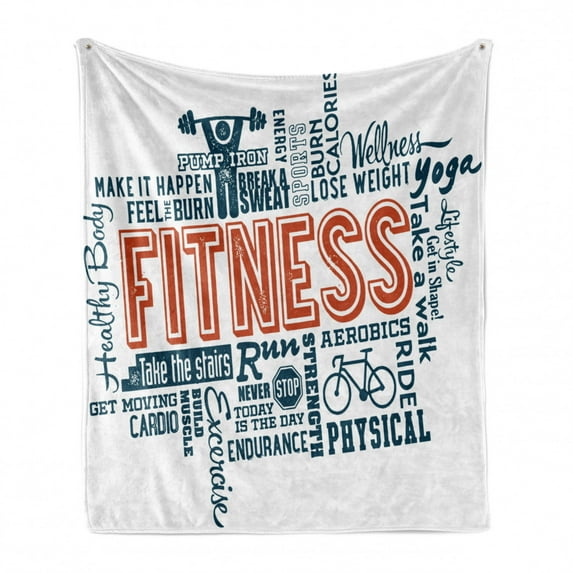 Fitness Soft Flannel Fleece Throw Blanket, Health Related Words Retro Style Typography Active Lifestyle, Cozy Plush for Indoor and Outdoor Use, 70" x 90", Orange Dark Blue White, by Ambesonne