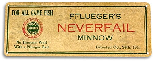 TIN SIGN B678 Neverfail Minnow Lures Fishing Bait Retro Box Rustic Fish Decor