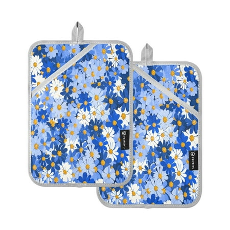 

Two Pieces Of Square Heat Insulation Pad Oven Mitts 7x9.8 Inch Oven Microwave Kitchen Cooking Baking Blue Flowers Seamless