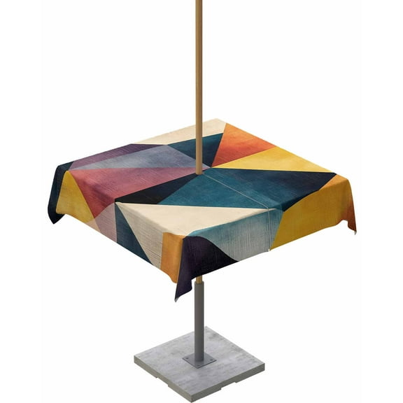 nqOlkjepod Orange Geometric Outdoor Tablecloth with Umbrella Hole & Zipper, Blue Abstract Vintage Color Block Square Table Cover 54x54 Inch, Dining Waterproof Table Cloth Protector for Patio/Party