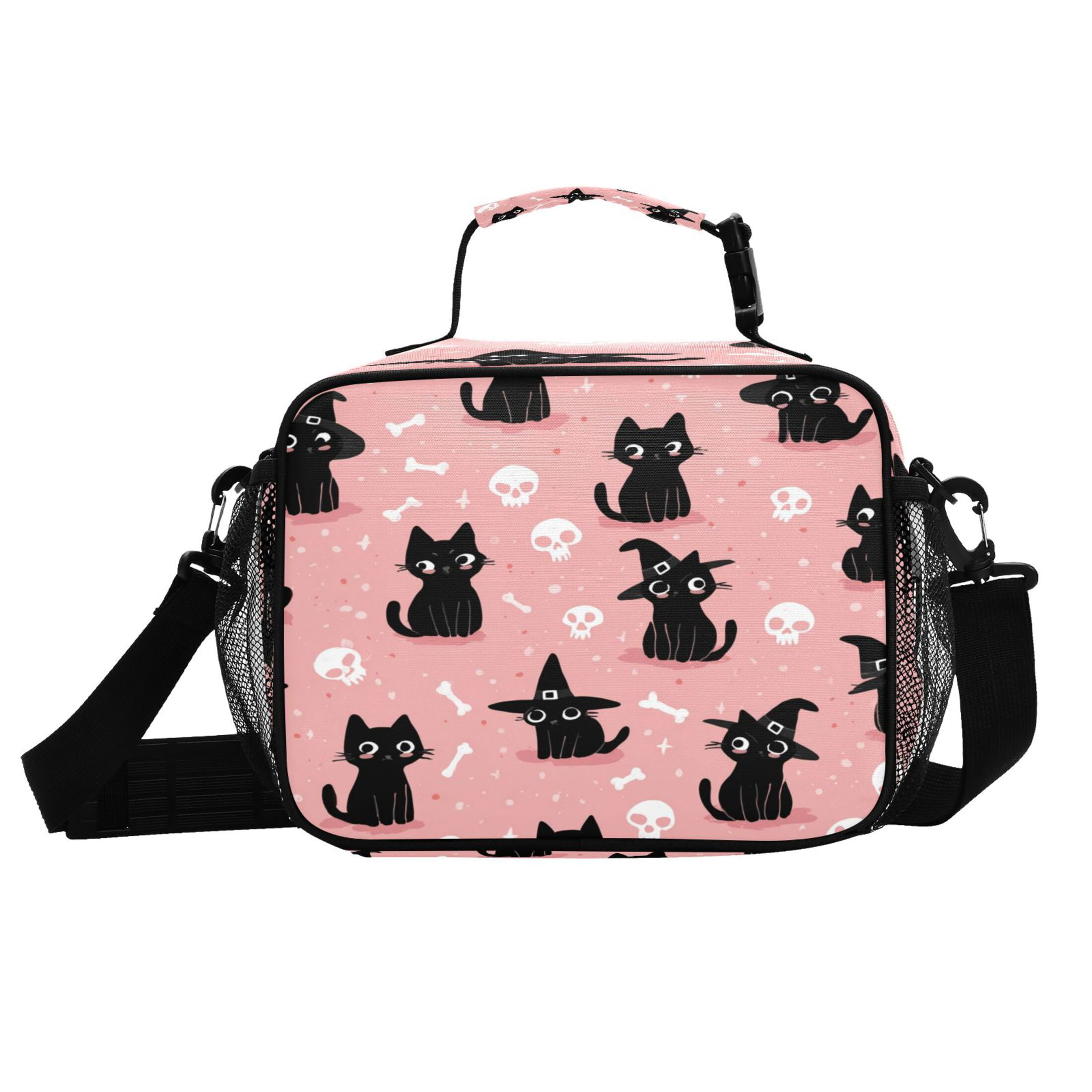 Insulated Lunch Bag 6L Leak-Proof Lunch Box with Shoulder Strap Multiple Pockets Lunch Tote Black Cat Wearing A Witch Hat